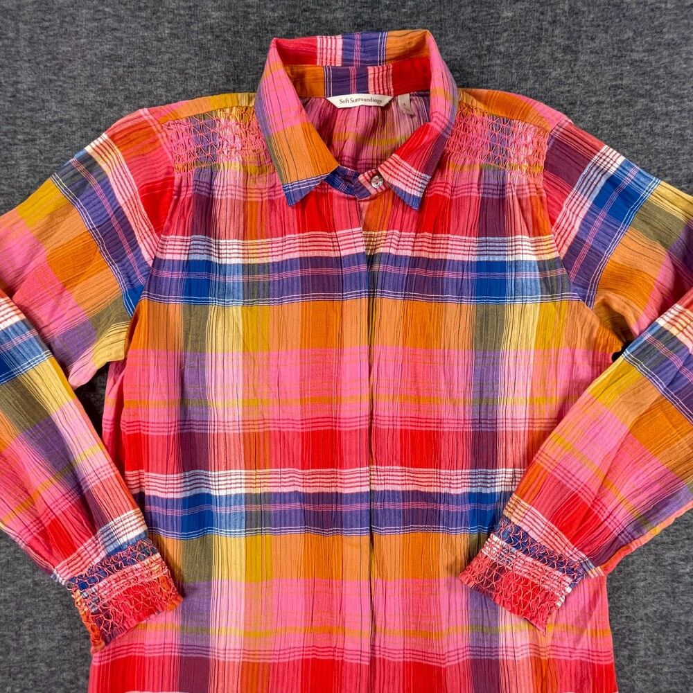 Soft Surroundings Sansonne Plaid Smocked Button Down Shirt Small Pink Cotton - Picture 8 of 10